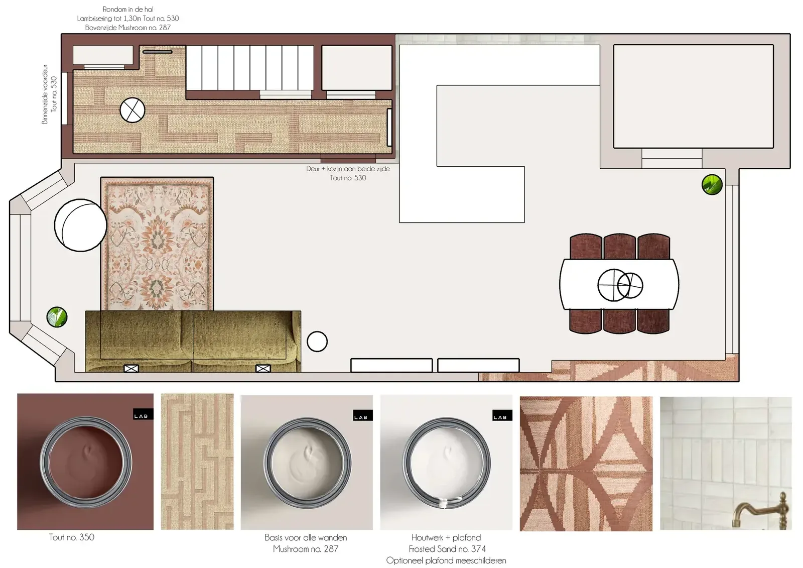 Kleurplan met plattegrond en de gekozen kleuren en materialen