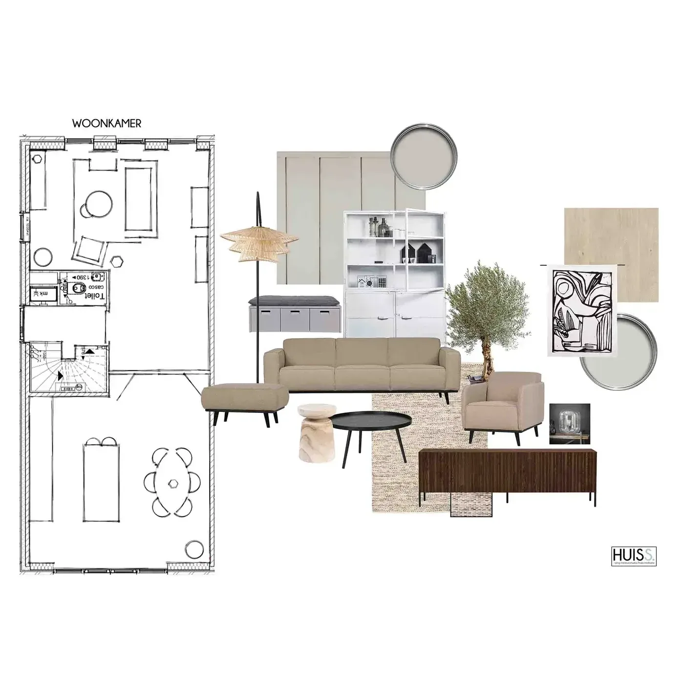 Moodboard voor de woonkamer met plattegrond, bank en kastenwand