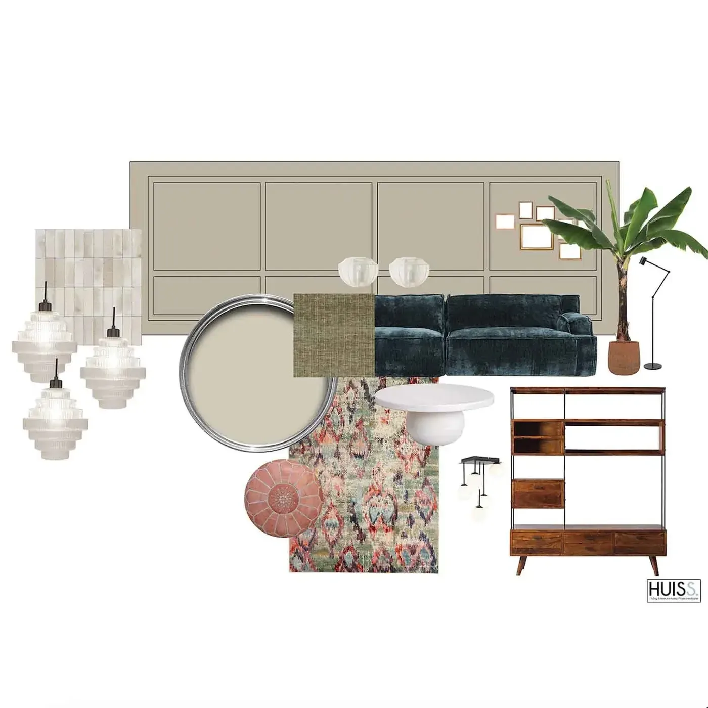 Moodboard met donkergroene bank, bloemenbehang en glazen hanglampen