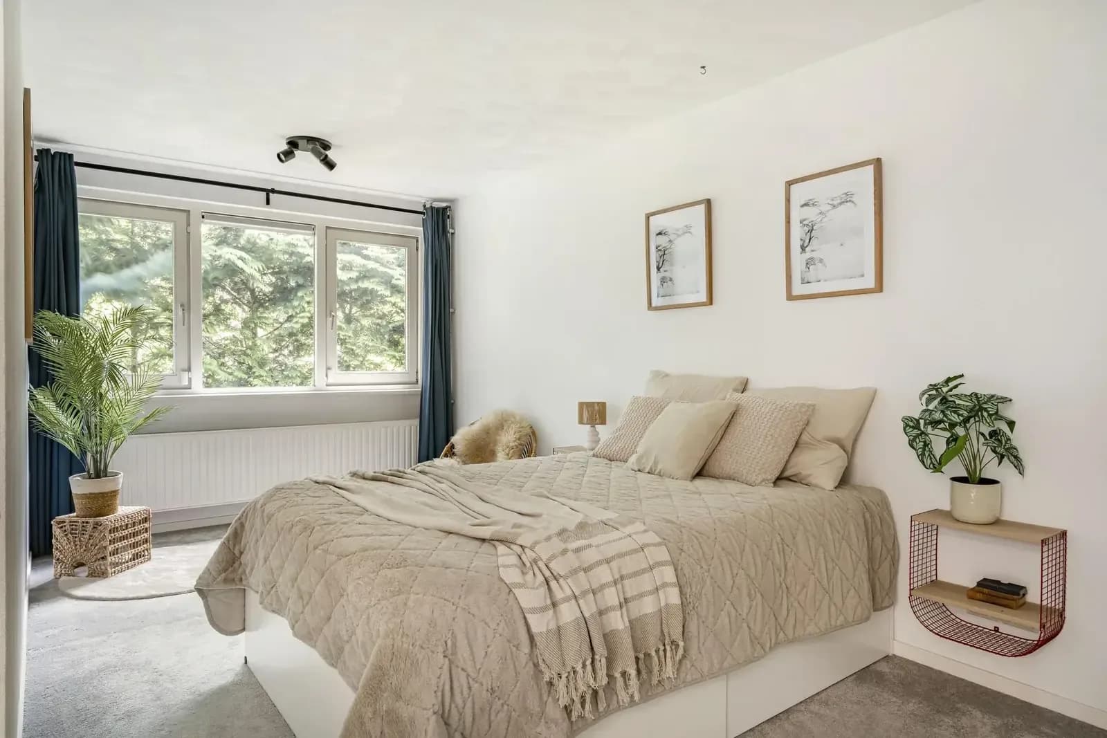 Slaapkamer met opgemaakt bed en planten bij het raam