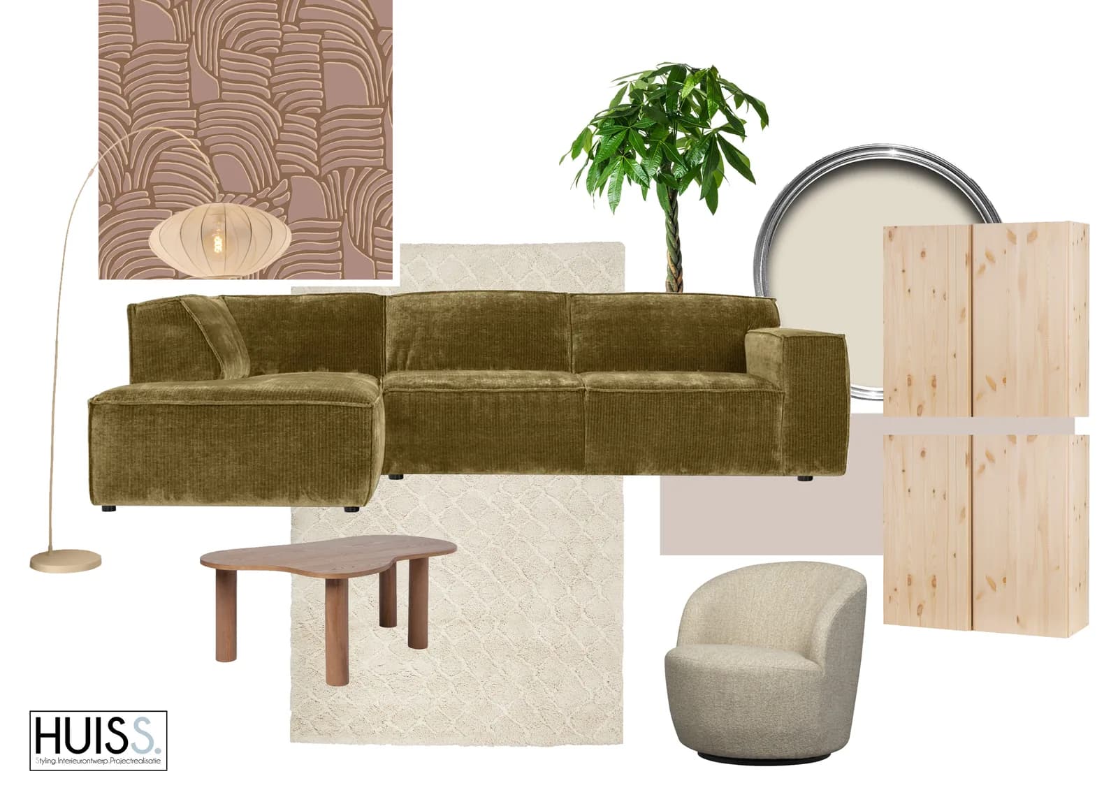 Moodboard voor de woonkamer met een olijfgroene bank, houten tafel en kleurstalen